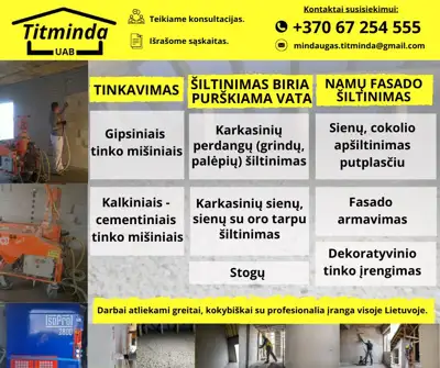Tinkavimo darbai, apšiltinimas biria purškiama vata, fasado darbai